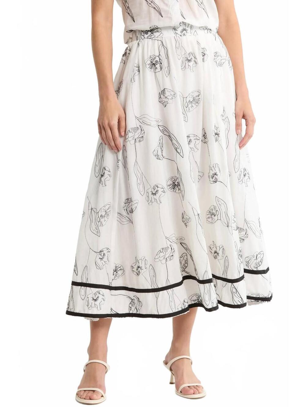 Elie Tahari Tulip Embroidered Skirt NWT Black Embroidery/White Ground Large
